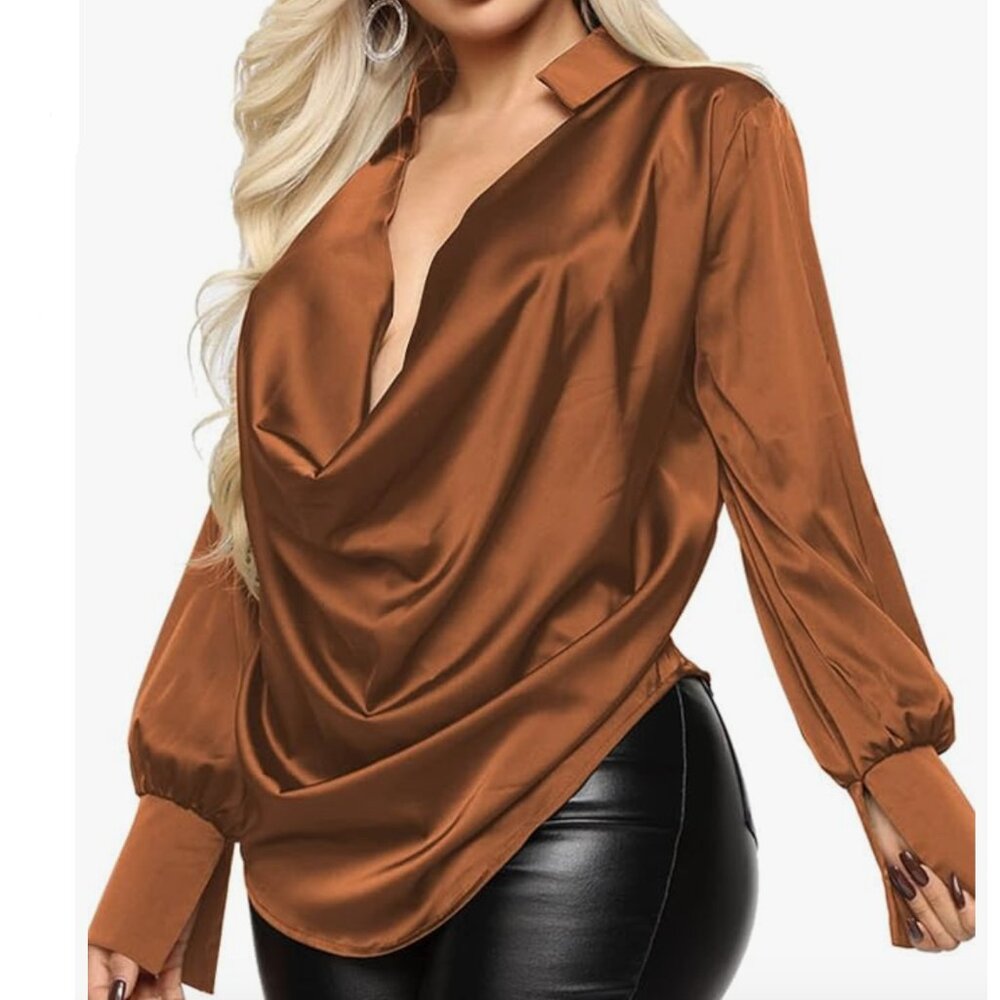 LYANER Long sleeve drape front blouse Brown Size M stretch satin